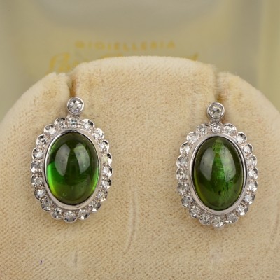 Mid Century 13.0 Ct Green Tourmaline 1.0 Ct Diamond 18 KT Earrings