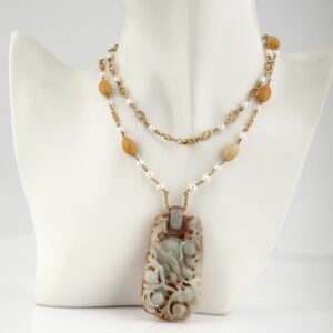 ANTIQUE LARGE NATURAL JADE PLAQUE NATURAL PEARL 18KT RARE NECKLACE!