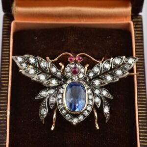 MAJESTIC 5.80 CT NATURAL SAPPHIRE 2.0 CT DIAMOND RUBY RARE ANTIQUE FLY BROOCH!