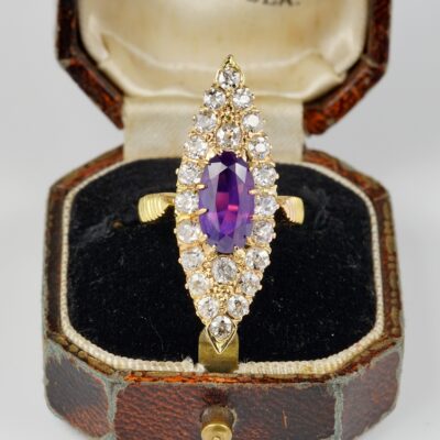 Victorian 1.80 Ct Certified Purple Ceylon Sapphire  2.0 Ct Diamond Navette ring