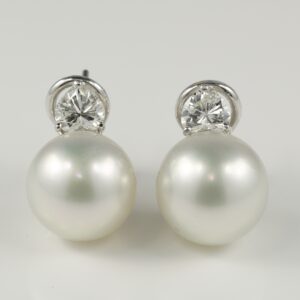 AAA Quality 12 mm South Sea Pearl Heart Diamond 1.0 CT G VVS Earrings – Sold!