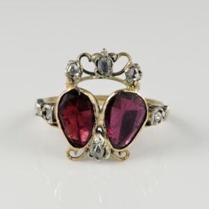 Boxed Georgian Crowned Double Heart Garnet and Diamond Rare Ring