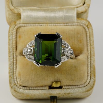 Authentic  Art Deco 8.0 Carat Green Tourmaline Diamond Platinum Ring