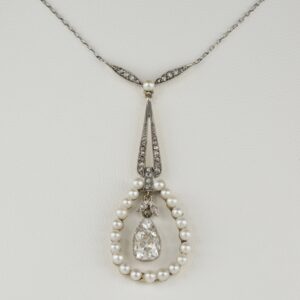 Exquisite Edwardian 1.20 Ct Old Mine Diamond Plus Natural Pearl Pendant Necklace