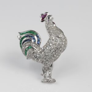 ART DECO COCKEREL DIAMOND SAPPHIRE RUBY EMERALD BROOCH- Sold!
