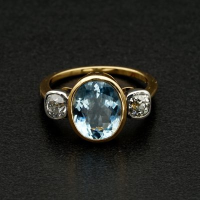 Vintage 3.0 Ct Natural Aquamarine .80 CT Old Cut Diamond Trilogy Ring