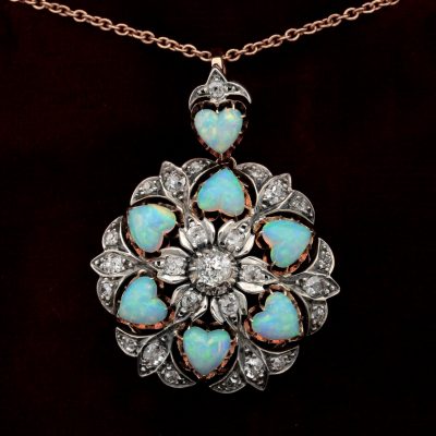 Victorian Rare 10.50 CT Heart Multi Opal 1.45 Ct Diamond Brooch Pendant -Sold!