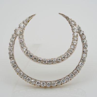 Victorian French 12.20 Ct Diamond Double Crescent Moon 18 KT Brooch