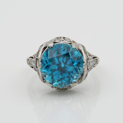 Art Deco 11.0 Ct Natural Blue Zircon .90 Ct Diamond Very Rare Platinum Ring