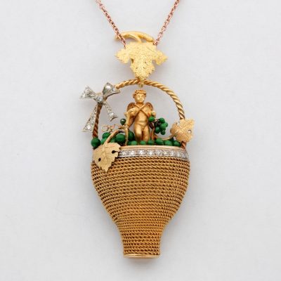 Etruscan Revival Bacchus Allegory Amazing 18 KT Diamond Enamel Large Rare Pendant