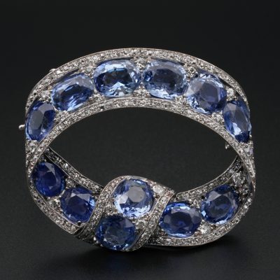 Russian 22.0 Ct Cert Natural Sapphire 3.20 Ct Diamond Rare Tsarist Bow Brooch