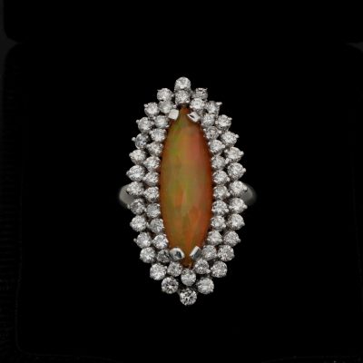 Estate Marquee Shaped Fire Opal 2.60 Ct Diamond Ring