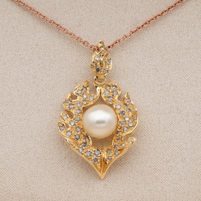 Vintage .80 Ct Orange Brown Diamond Flamed Pearl Pendant Chain
