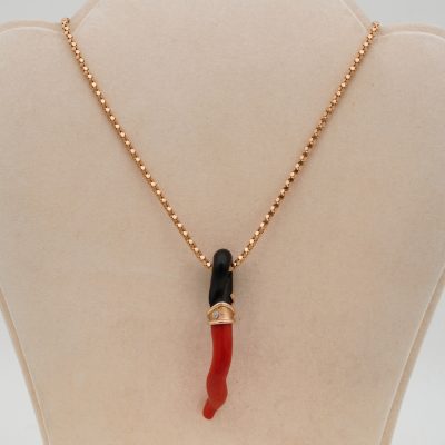 Italian Red and Black Natural Coral Diamond Big Cornicello with Snake Chain