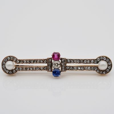 Etruscan Revival 1900 ca Diamond Ruby Sapphire Pearl Fibula Bar Brooch