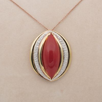 Mid Century 67.00 Ct Red Coral  2.90 CT Diamond Rare Brooch Pendant