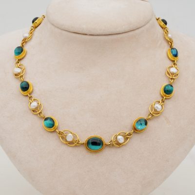 Etruscan Revival Tourmaline Pearl Rare Riviere 22 KT Necklace