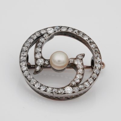Victorian 2.90 Ct Old Mine Diamond Natural Pearl Brooch Pendant