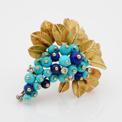 Retro Cornucopia Turquoise Lapis Diamond Brooch 18 Kt gold