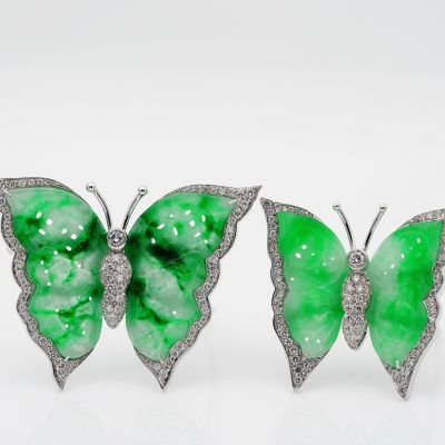 Vintage  Rare Natural Jade 2.48 Ct  Diamond Twin Butterfly Brooches