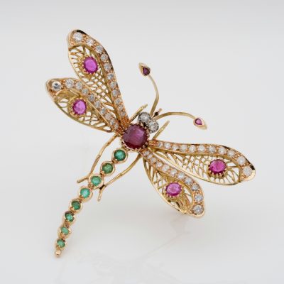 Retro 7.40 Ct Diamond Ruby Emerald 18 Kt Dragonfly Brooch – Sold!