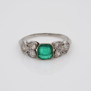 Art Nouveau .60 Ct Colombian Emerald .50 Ct Old Mine Diamond Ring