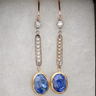 Edwardian Cert. 5.29 Ct No Heat Ceylon Sapphire Diamond Pearl Rare Drop Earring
