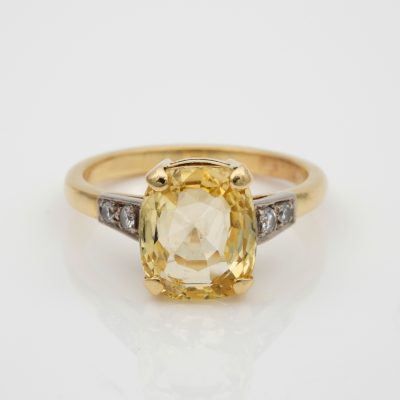 Art Deco 4.15 Ct  No Heat Cushion Yellow Sapphire Diamond Solitaire ring