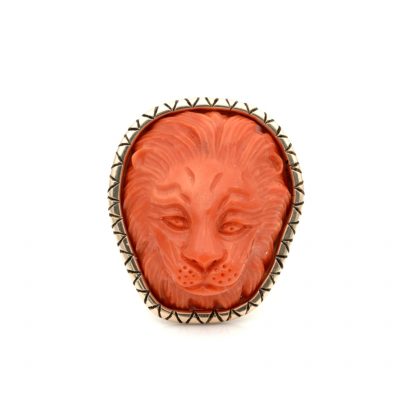Vintage Large Scale Rare Carved Coral Lion Head 14 KT gold