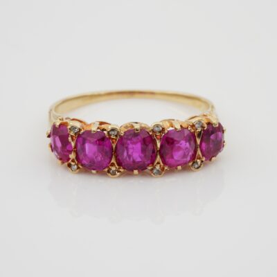 Victorian Five Stone Certified 3.20 Ct Burma Ruby Ring