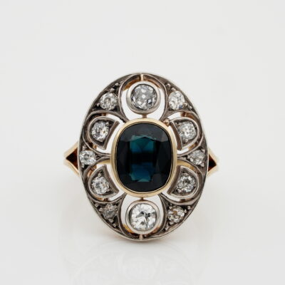 Art Nouveau 2.40 Ct Natural Sapphire 1.20 Ct Old Mine Diamond Ring