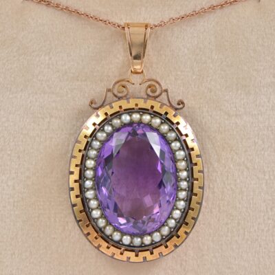 Victorian 33.00 Ct Natural Amethyst Micro Pearl 18 Kt Silver Large Pendant