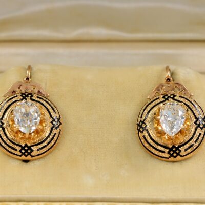Victorian 2.23 Ct Diamond Solitaire Enamel Earrings