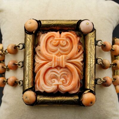Antique Rare Carved Pink Skin Coral Plaque 14 Kt Bracelet