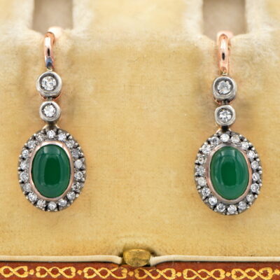 Antique Chrysoprase Diamond Russian Drop earrings