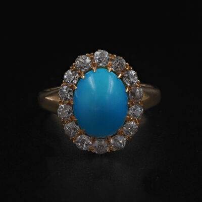 Victorian 3.20 Ct Persian Turquoise 1.40 Ct Diamond 18 Kt Ring