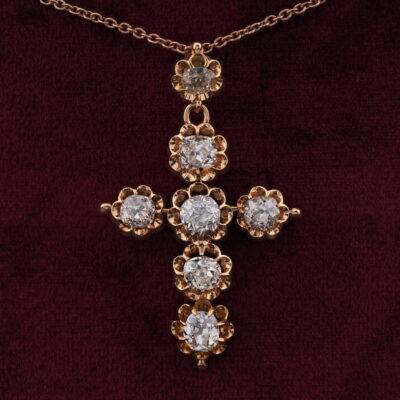 Victorian  5.10 Ct Old Mine Diamonds  Rare Religious Cross 18 KT
