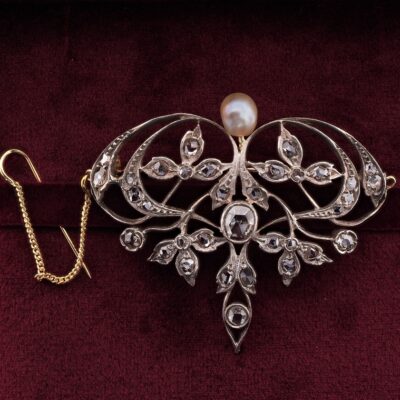 Art Nouveau Rose Cut Diamond Natural Pearl Lavaliere Brooch