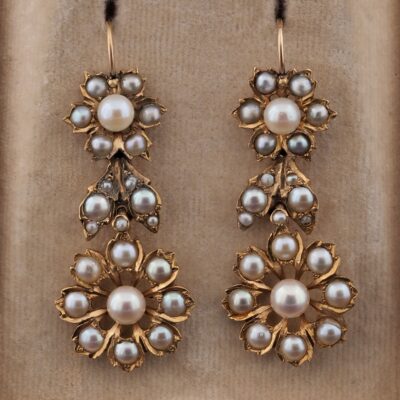Victorian Natural Pearl Daisy & Leaf  18 KT Rare Long Drop Earrings