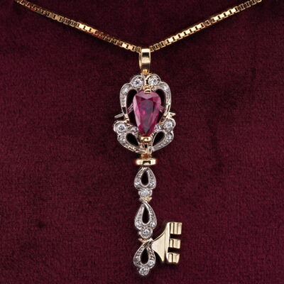 Estate 2.20 Ct. Natural Ruby Diamond Key Pendant Necklace 18 KT