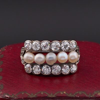 Art Deco Distinctive Natural Pearl 1.90 Ct. Old Mine Diamond Ring