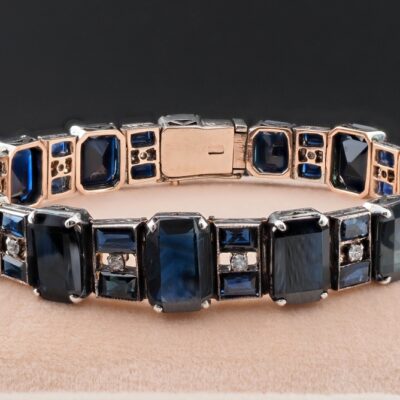Art Deco 50.00 Ct Natural No Heat Sapphire Diamond Rare 14 KT Silver Bracelet
