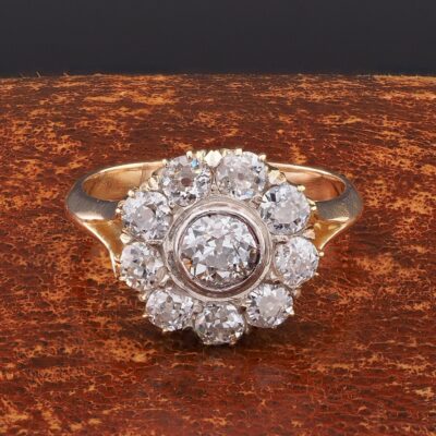 Edwardian 1.60 Ct Ct Old Mine Cut Diamond Daisy Cluster Ring 18 KT/Silver