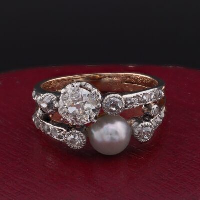 Victorian 6 mm. Natural Pearl  1.30 Ct Diamond 18 KT Gold