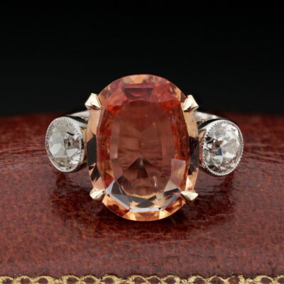 Edwardian Certified 6.35 Ct Imperial Topaz 1.20 CT Diamond three stone Ring