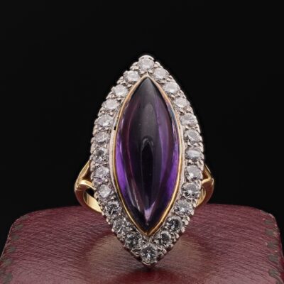 Victorian 16.00 Ct Amethyst 1.70 Ct Diamond Outstanding Navette Ring