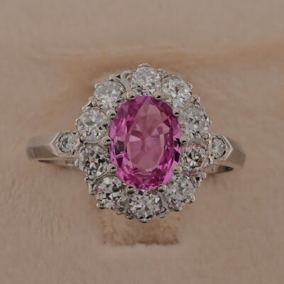 Superb 1.40 Ct Natural Pink Sapphire 1.20 Ct G VVS Diamond Platinum Cluster Ring