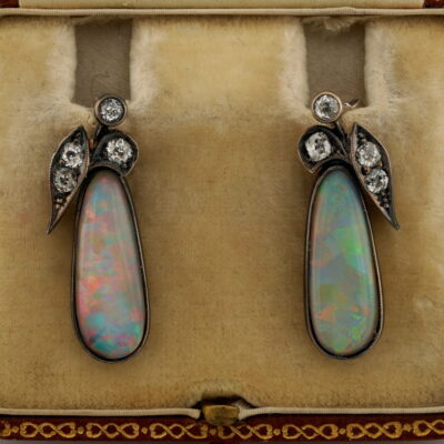 Art Nouveau 5.0 Ct Natural Opal .50 Ct Old Cut Diamond Leaf earrings