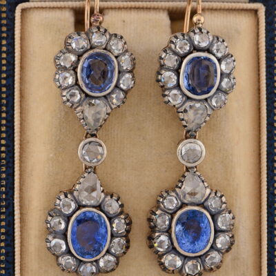 Spectacular Victorian 8.80 C. Natural Sapphire 7.80 CT Rose Cut Diamond Drop earrings