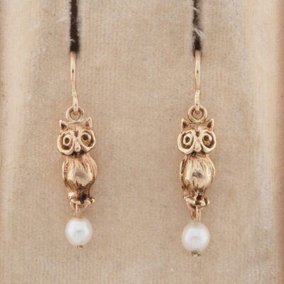 Antique Style Sculptured Owl Pearl Drop earrings 9 KT solid gold